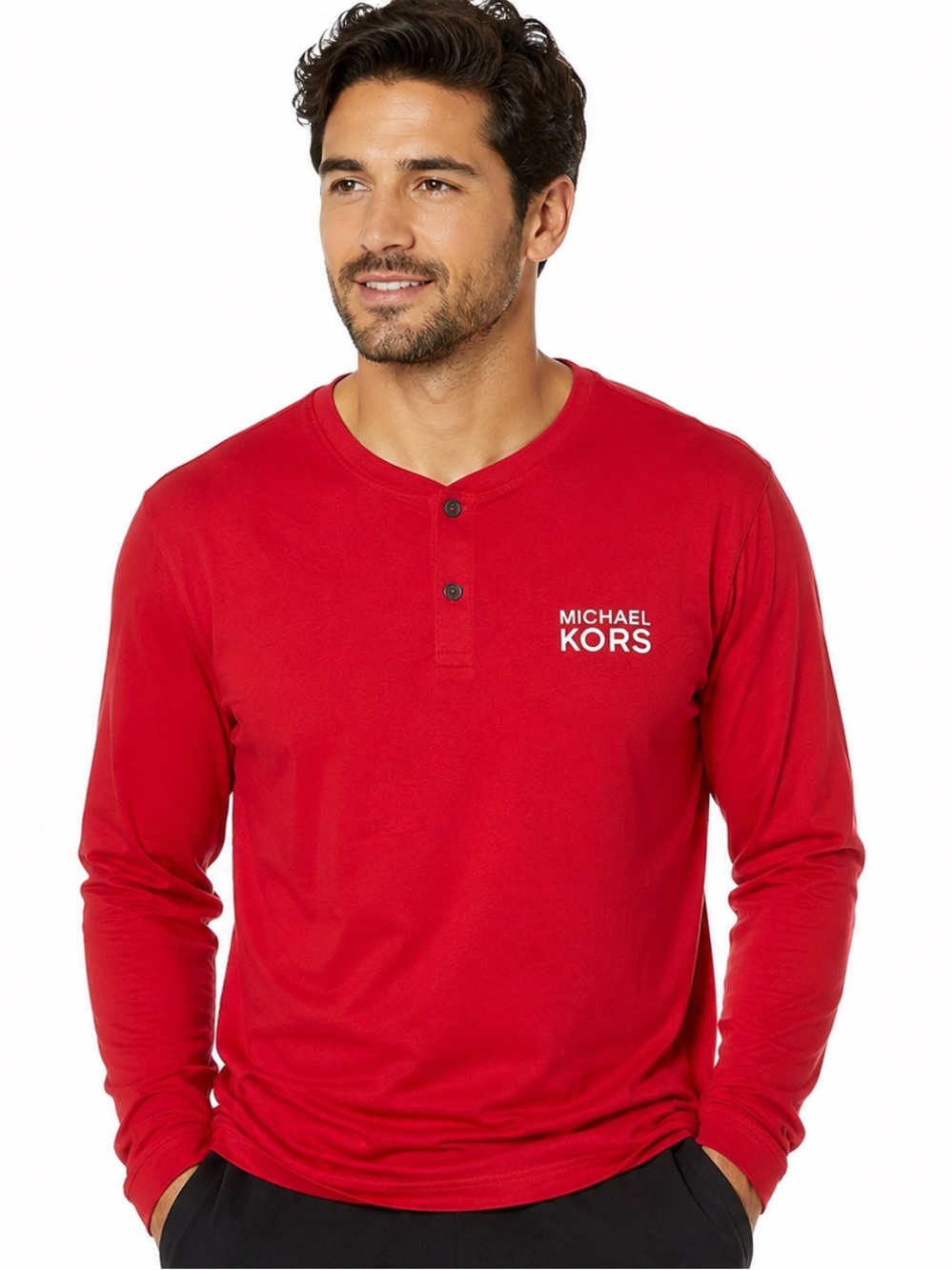 Michael Kors Men’s XL Red Long Sleeve Henley Pajama Sleep Shirt Logo Cotton Blen